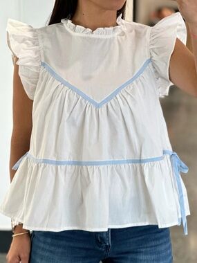NWOT White Ruffle Sleeve Cotton Top with Light Blue Trim - size M/L